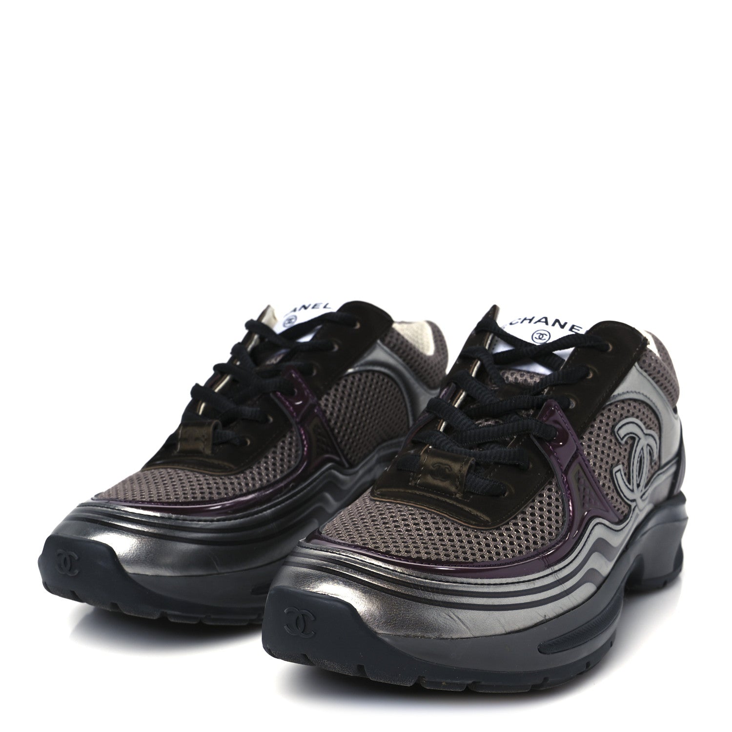 Fabric Laminated Calfskin Stretch CC Womens Sneakers 37 Khaki Silver Dark Purple