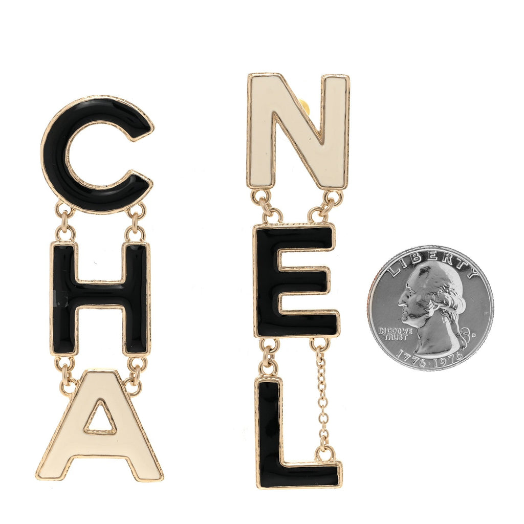 Metal Enamel Cha-Nel Logo Drop Earrings Black White