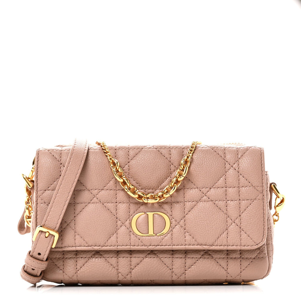 Christian Dior Supple Calfskin Cannage Caro Pouch with Chain Rose Des Vents