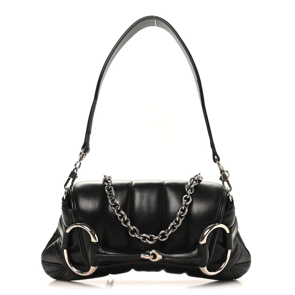Gucci Nappa Vertical Matelasse Small Maxi Horsebit Chain Shoulder Bag Black