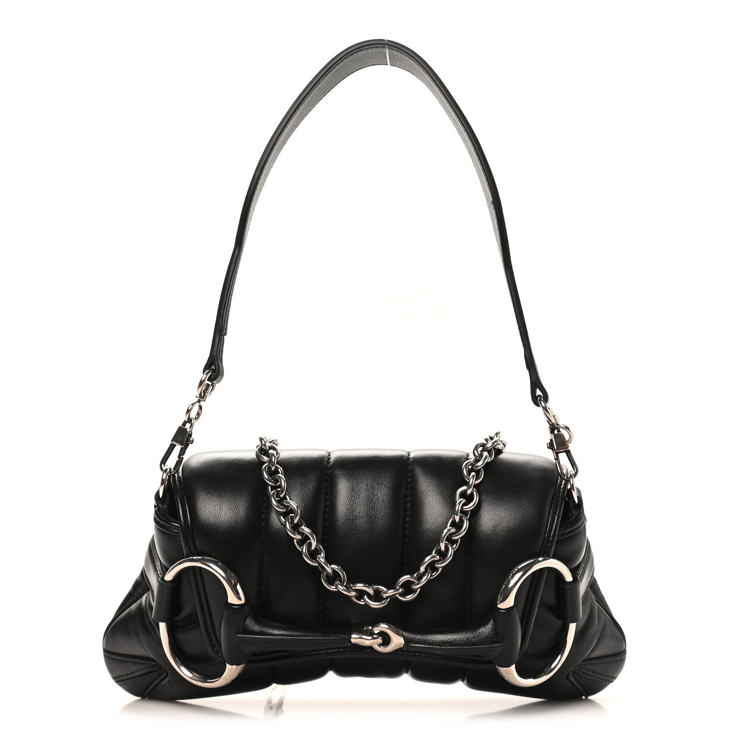 Gucci Nappa Vertical Matelasse Small Maxi Horsebit Chain Shoulder Bag Black