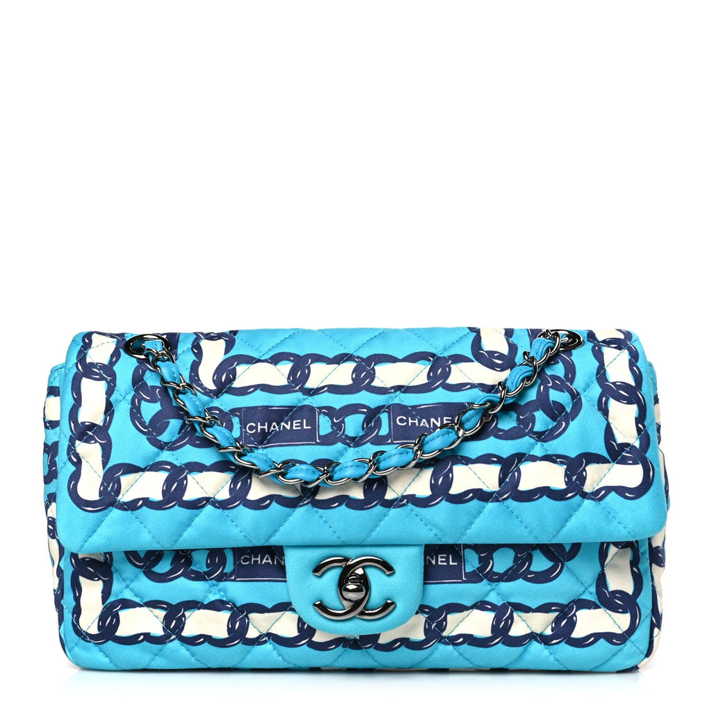 Chanel Silk Chain Printed Medium Single Flap Blue