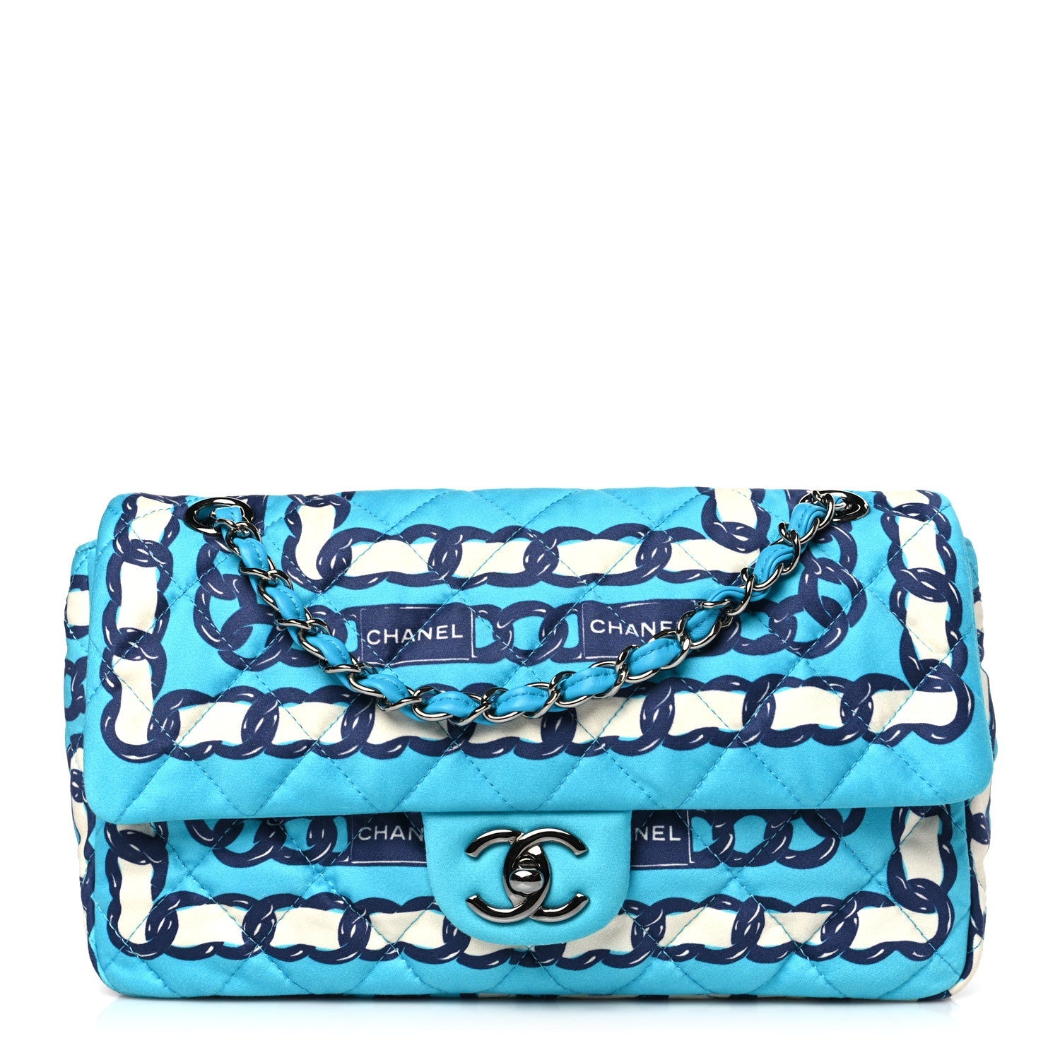 Chanel Silk Chain Printed Medium Single Flap Blue