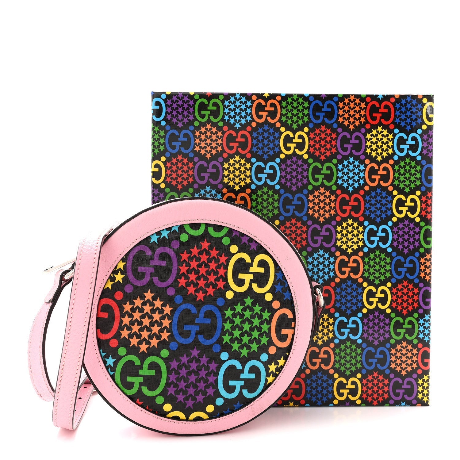 Gucci GG Supreme Monogram Psychedelic Round Shoulder Bag Black Multicolor Sugar Pink