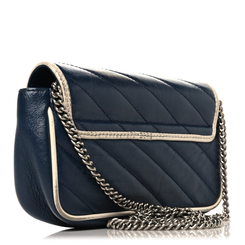 Gucci Vintage Effect Calfskin Matelasse Diagonal Super Mini Torchon GG Marmont Shoulder Bag Blue Agata Mystic White
