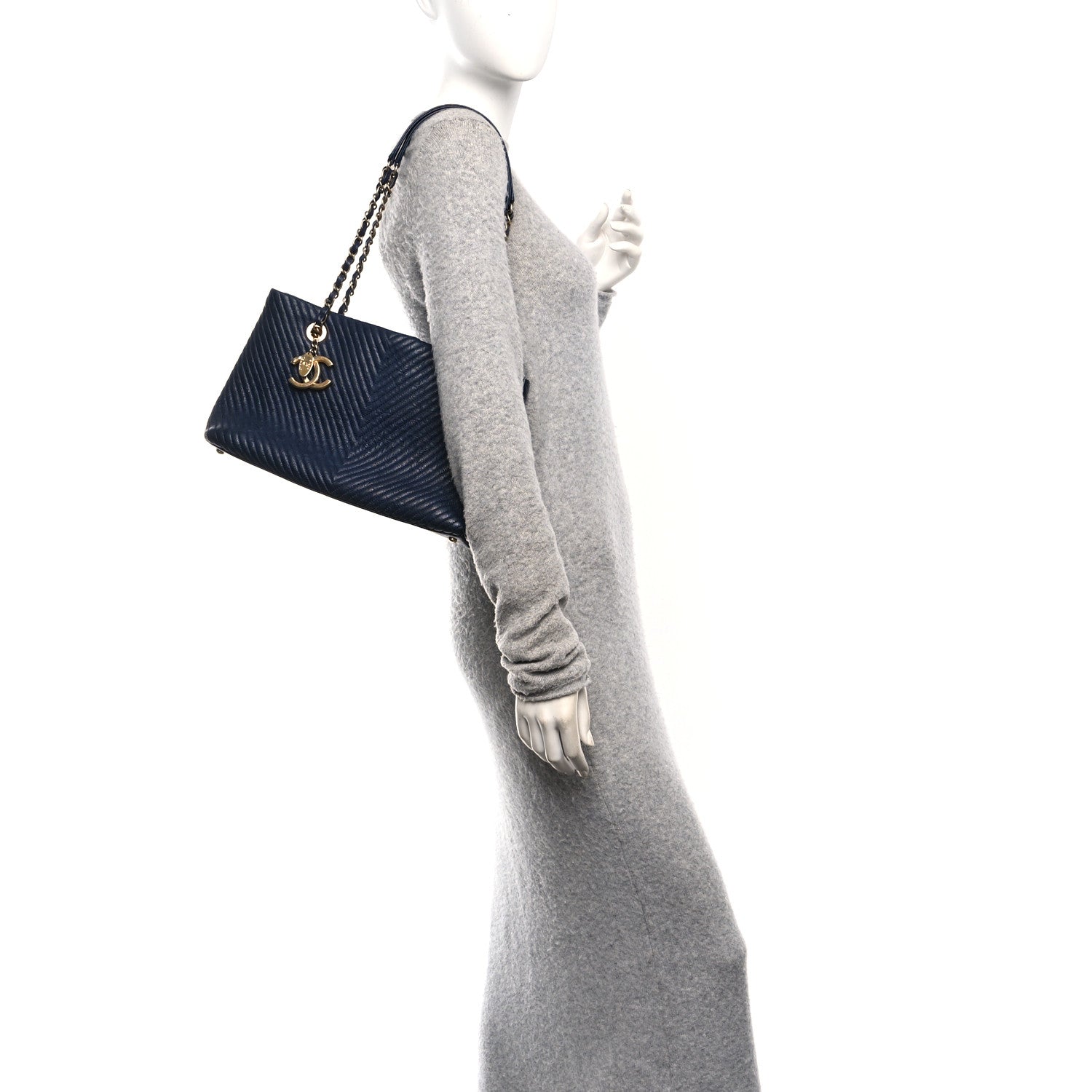Chanel Wrinkled Lambskin Chevron Quilted Surpique Tote Navy Blue