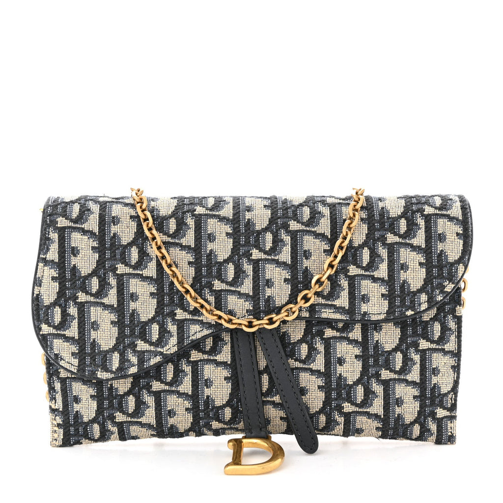 Christian Dior Oblique Saddle Chain Long Wallet Blue