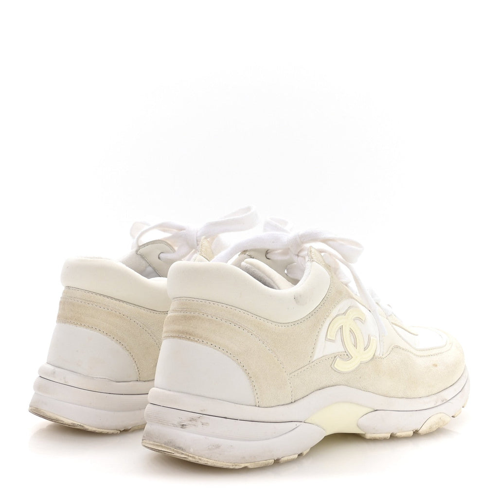 Chanel Suede Calfskin Fabric CC Sneakers 36 White