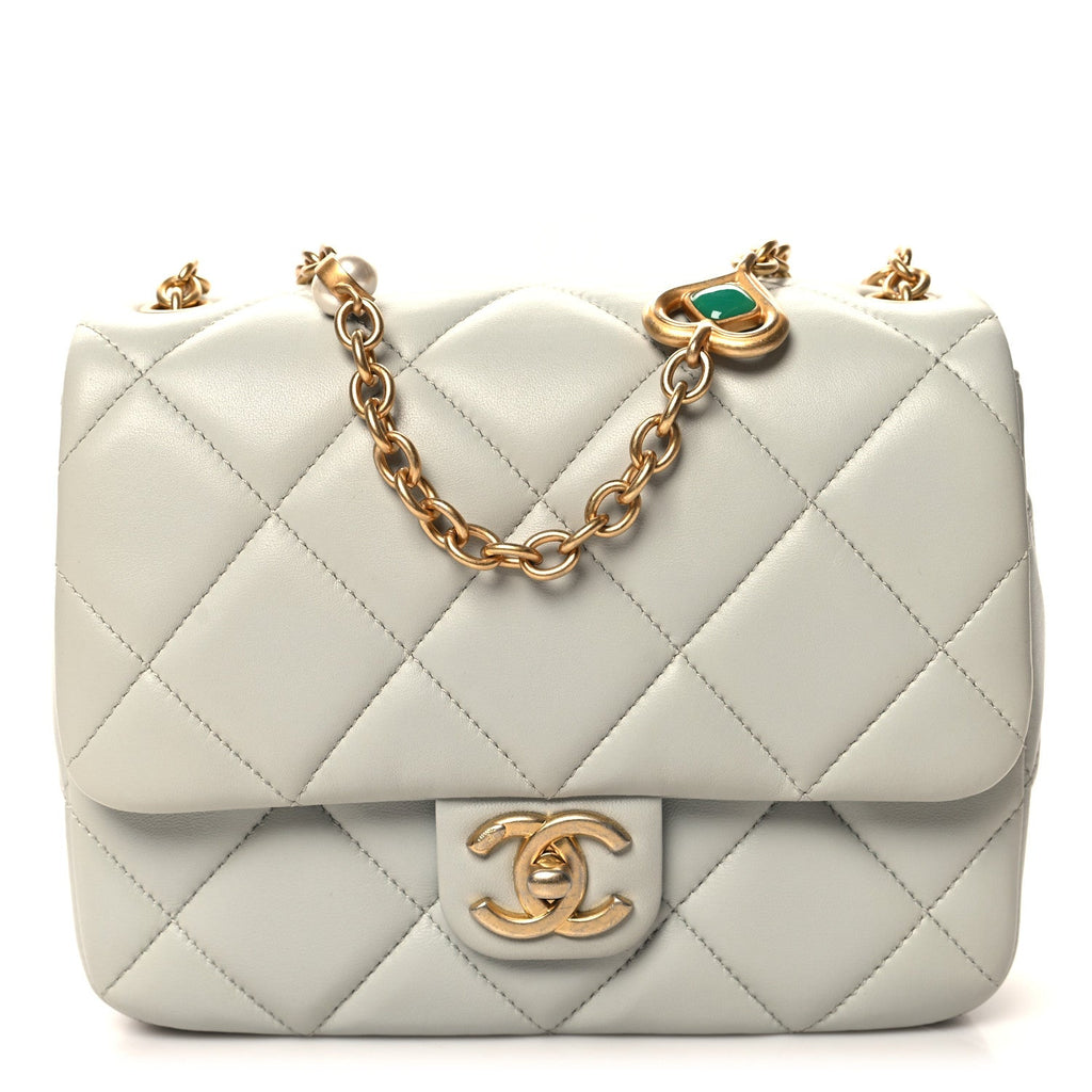 Chanel Lambskin Enamel Pearl Quilted Mini Charm Me Square Flap Light Blue