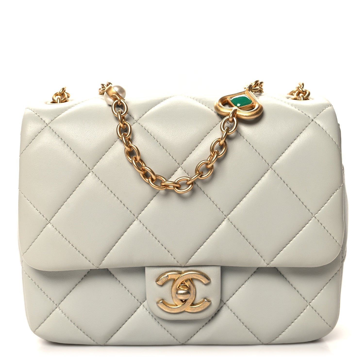 Chanel Lambskin Enamel Pearl Quilted Mini Charm Me Square Flap Light Blue