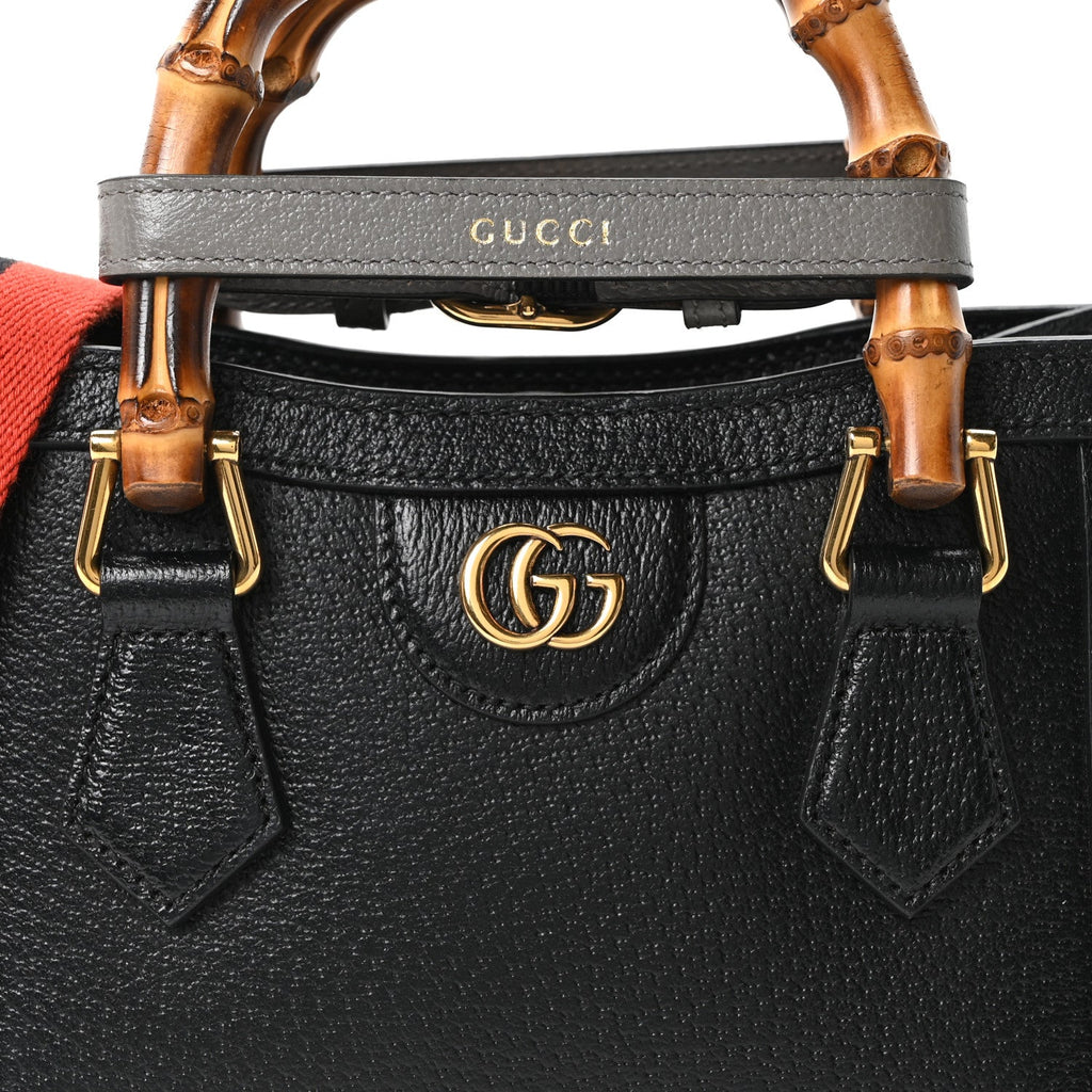 Gucci Textured Dollar Calfskin Web Small Diana Tote Bag Black Dusty Grey