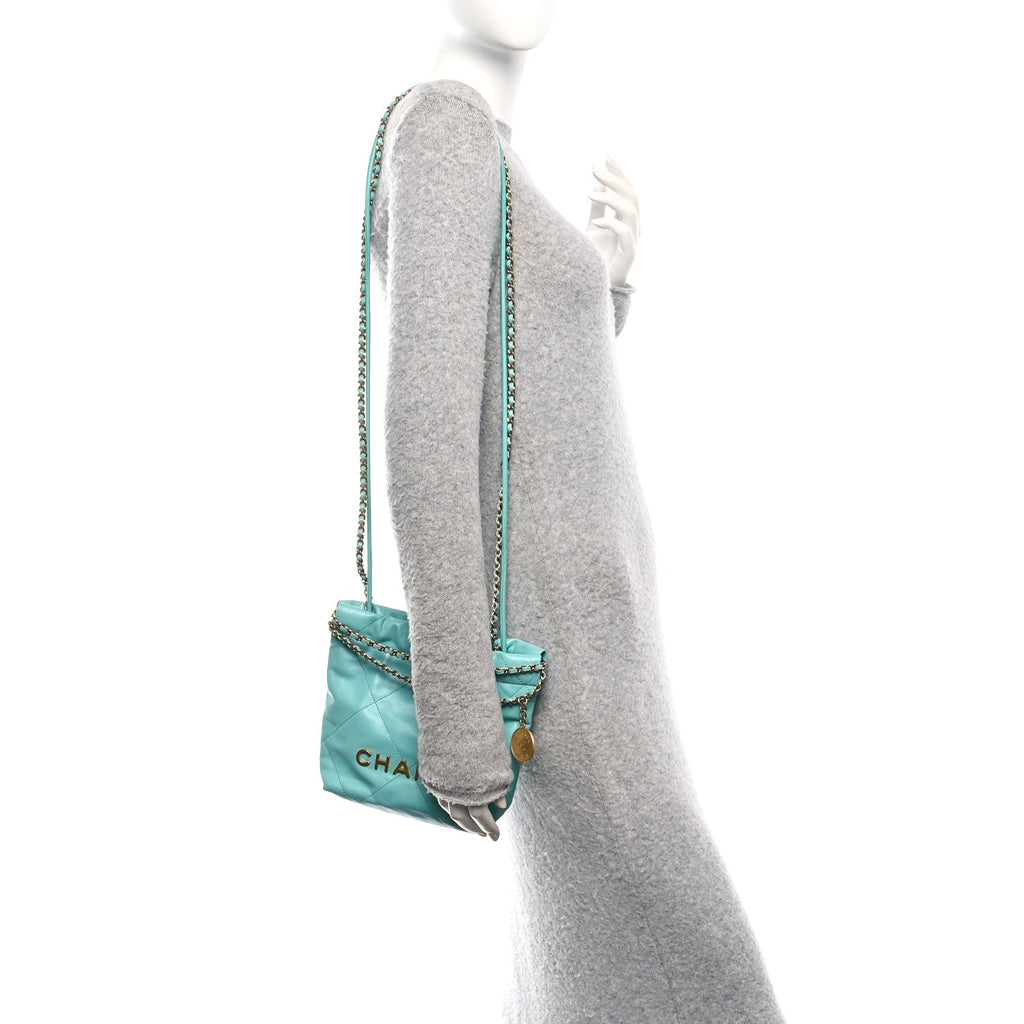 Chanel Shiny Calfskin Quilted Mini Chanel 22 Turquoise