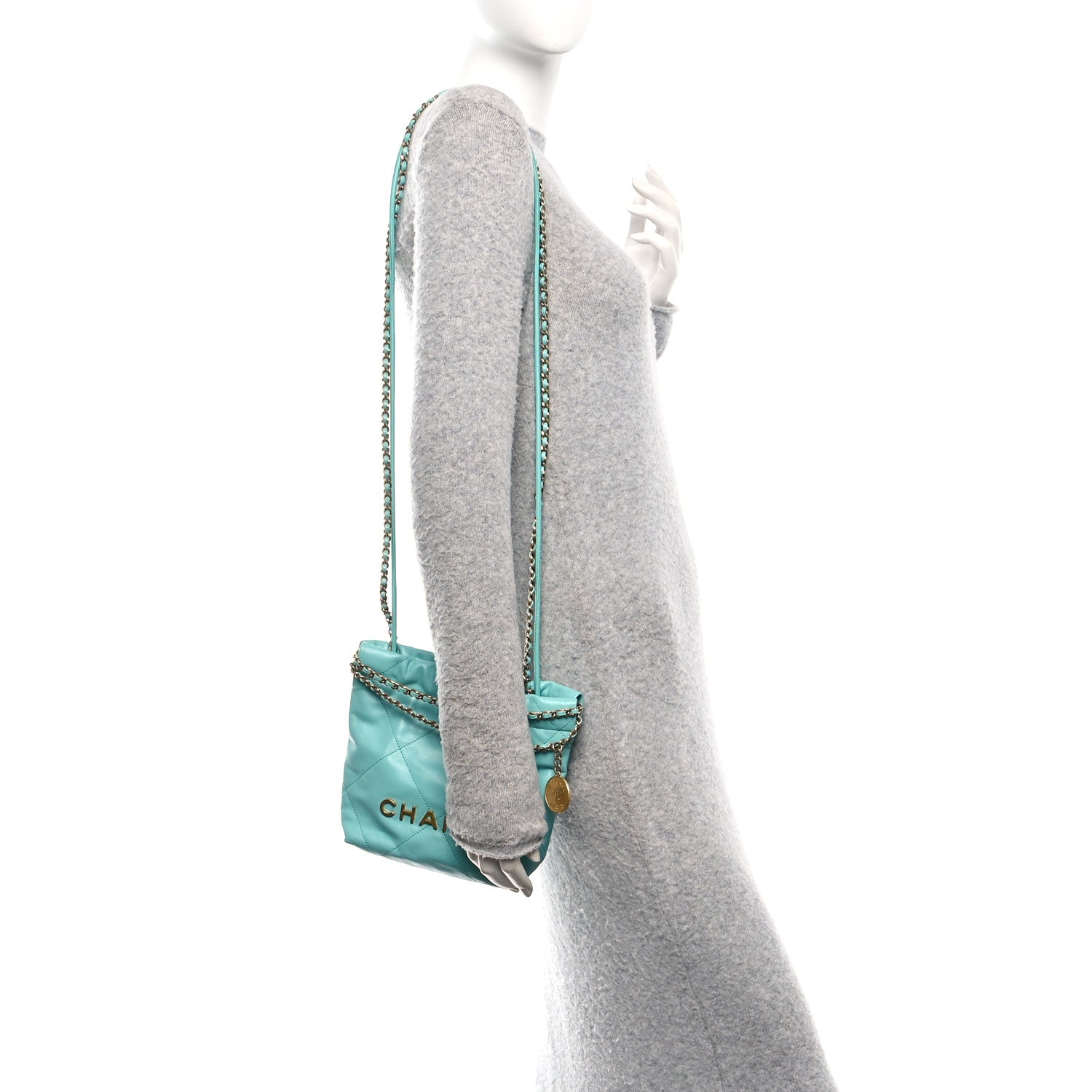 Chanel Shiny Calfskin Quilted Mini Chanel 22 Turquoise