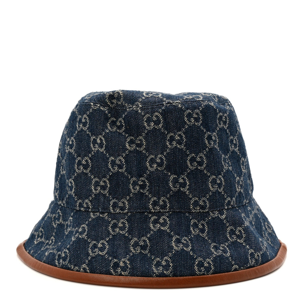Gucci Washed Jacquard Denim Nappa GG Monogram Oscar Bucket Hat L Denim Cuir