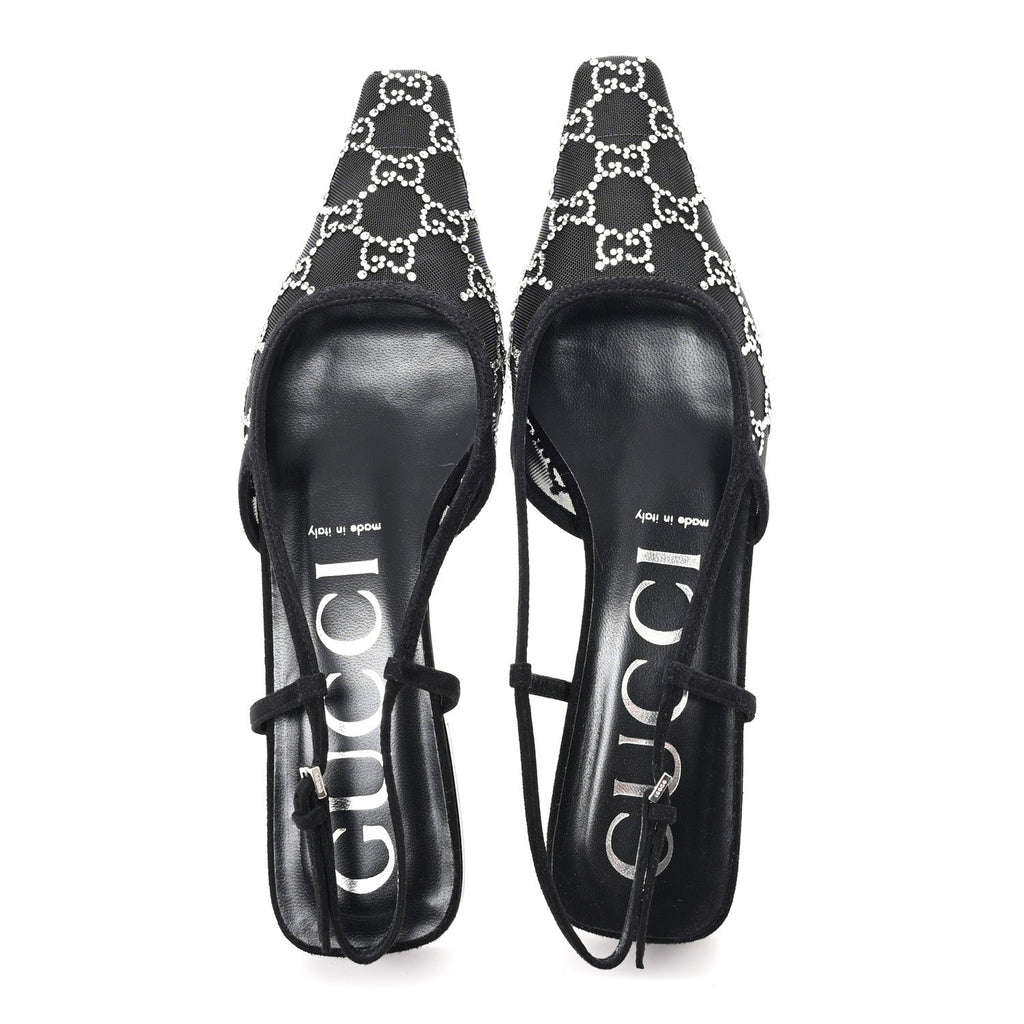 Gucci Suede Mesh Crystal GG Monogram Slingback Ballet Flats 39 Black