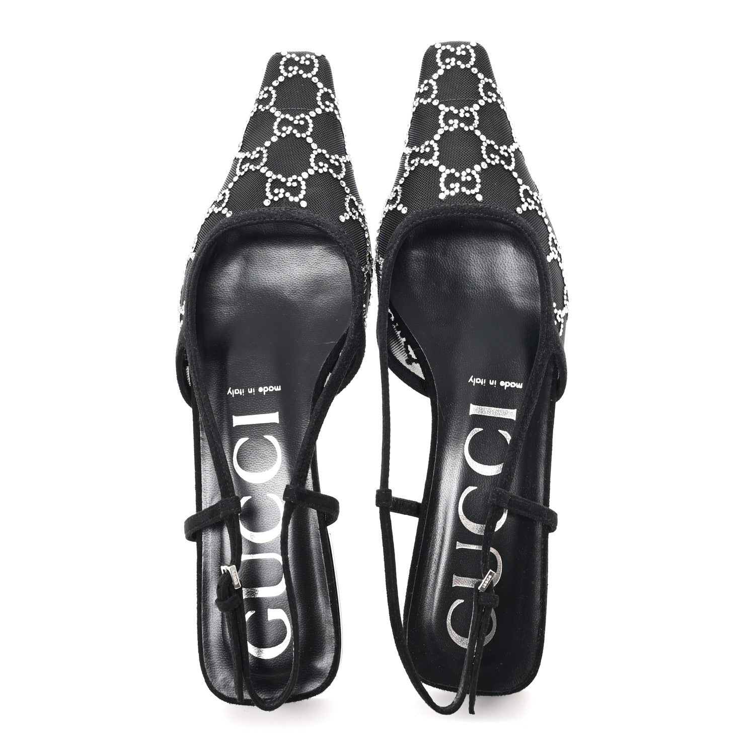 Gucci Suede Mesh Crystal GG Monogram Slingback Ballet Flats 39 Black