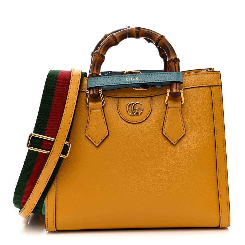Gucci Textured Dollar Calfskin Web Small Diana Tote Bag Yellow Dusty Azure