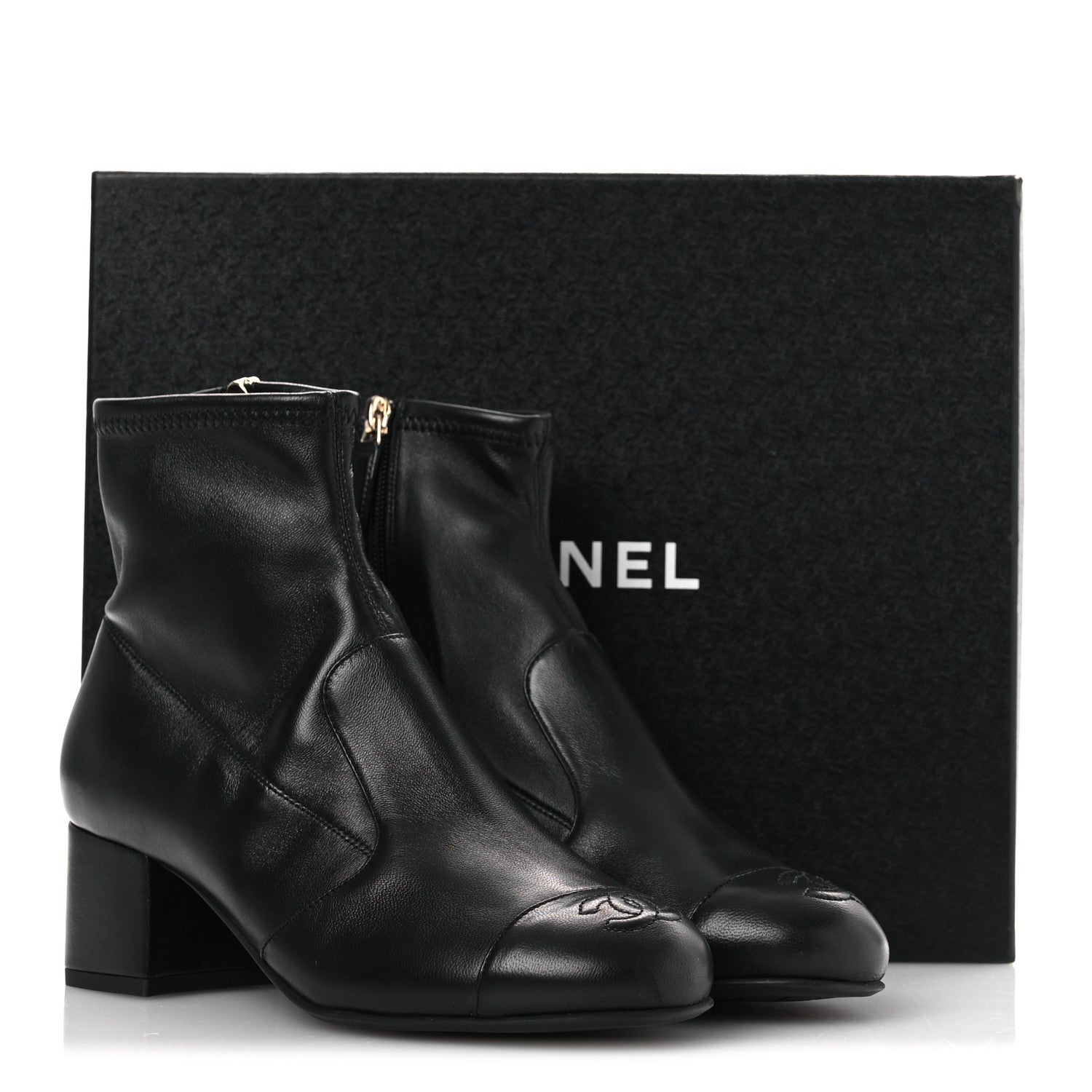 Chanel Stretch Lambskin Cap Toe CC Short Boots 36.5 Black