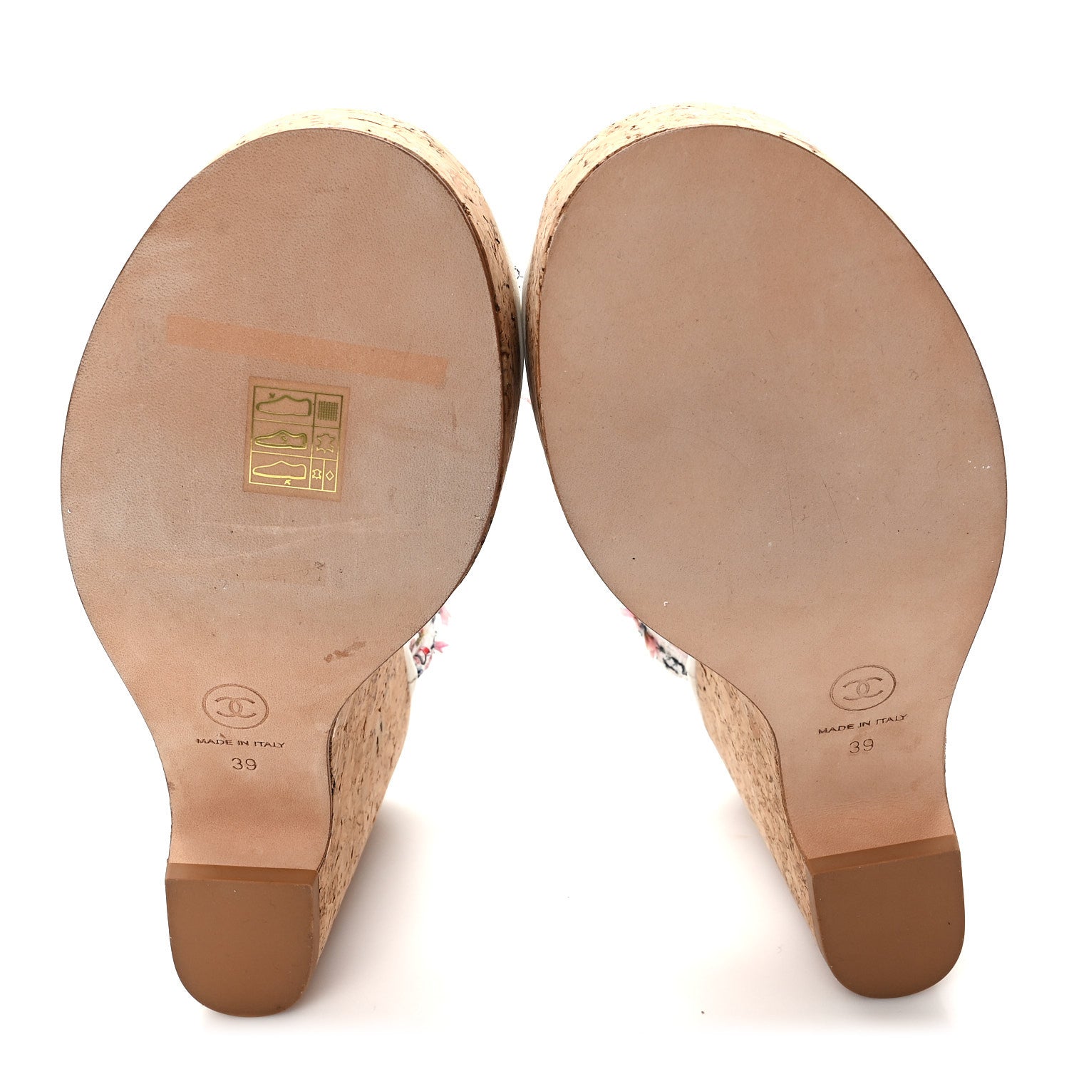 Chanel Tweed Cork CC Wedge Sandals 39 Ecru Pink Blue Green