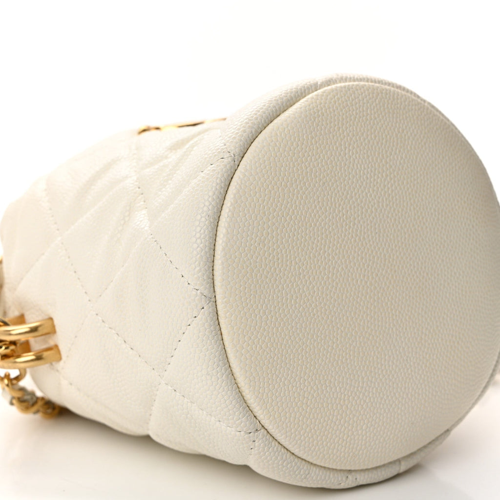 Chanel Caviar Quilted Coco First Bucket Clutch With Chain White