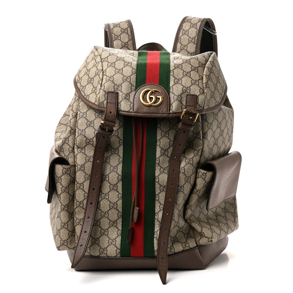 Gucci GG Supreme Monogram Medium Ophidia Double Buckle Backpack Brown