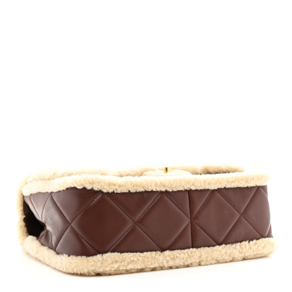 Chanel Shearling Lambskin Quilted Large Furry Coco Flap Dark Brown Beige