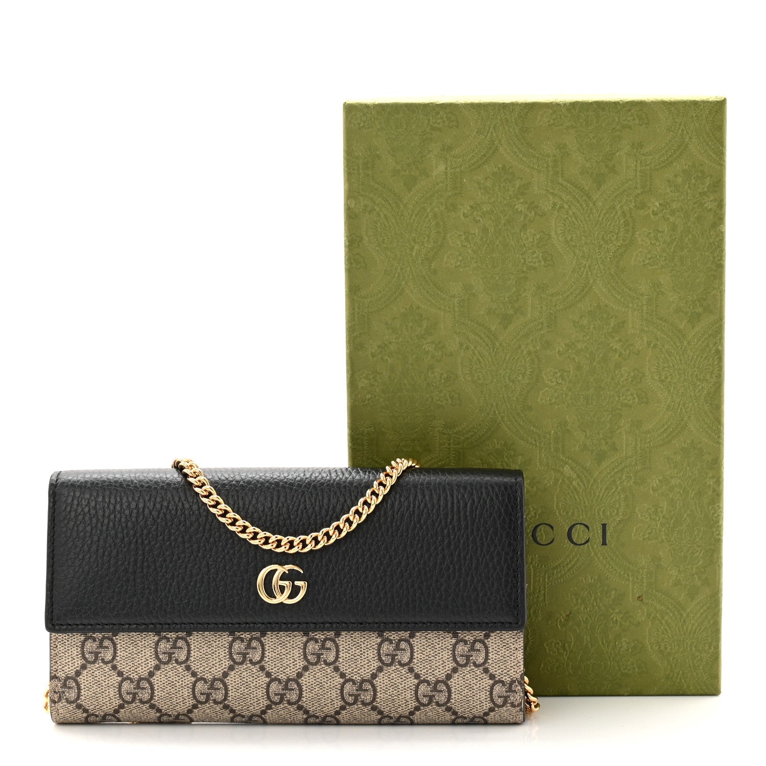 Gucci Dollar Calfskin GG Supreme Monogram Petite GG Marmont Wallet Chain Bag Black Beige Ebony