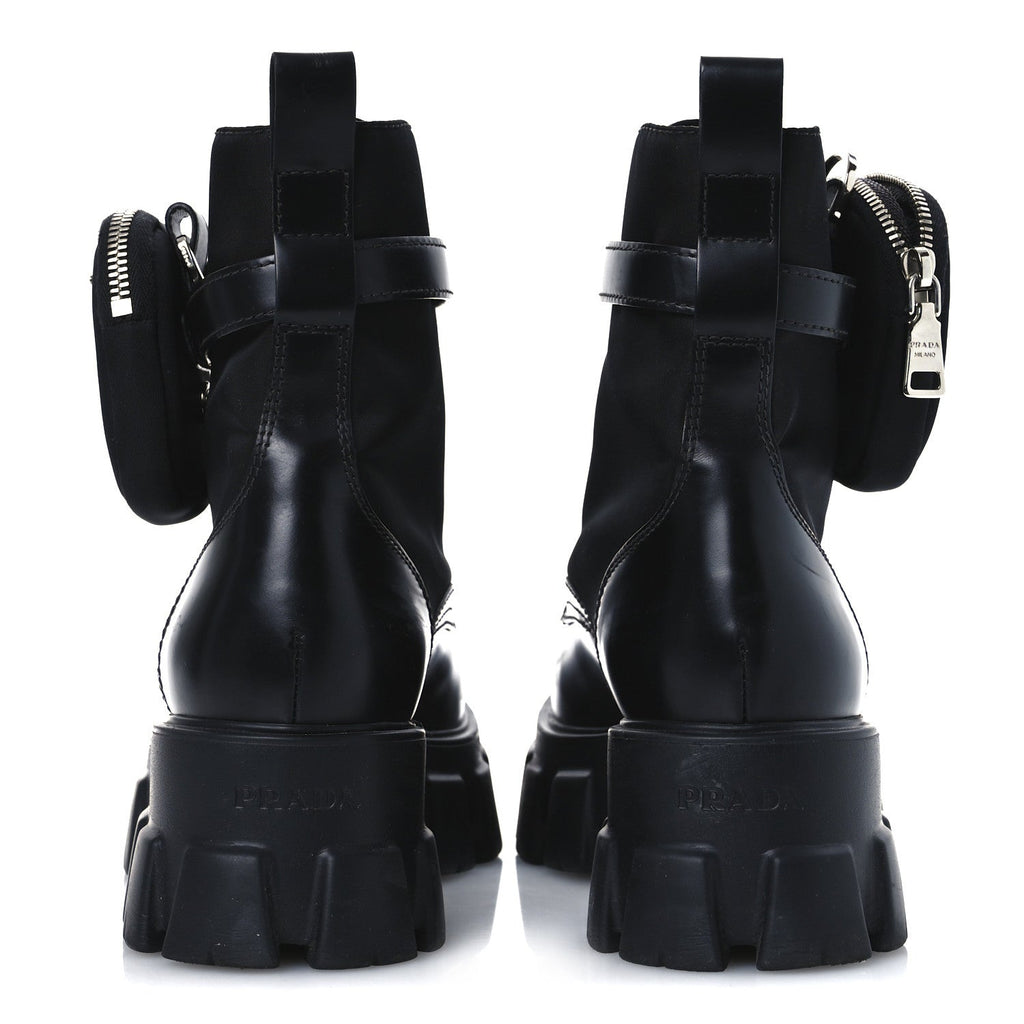 Prada Spazzolato Rois Re-Nylon Metal Triangle Logo Monolith Pouch Pocket 55mm Boots 41 Black