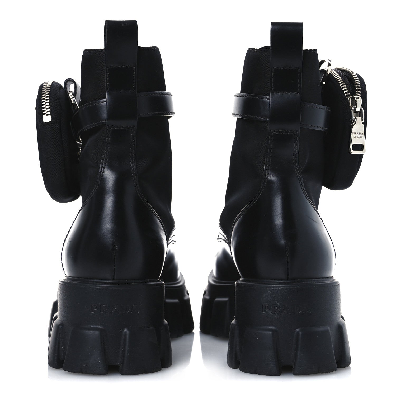 Prada Spazzolato Rois Re-Nylon Metal Triangle Logo Monolith Pouch Pocket 55mm Boots 41 Black