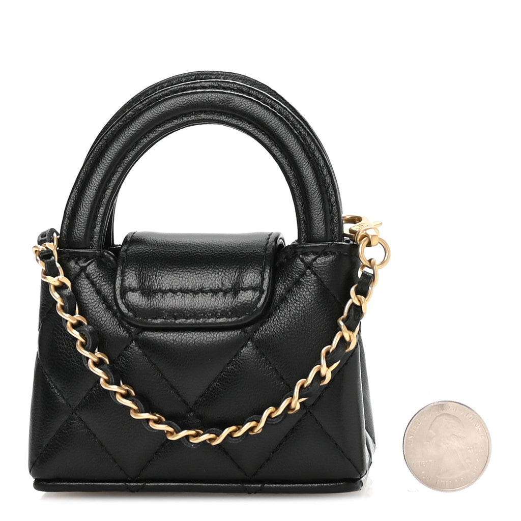 Chanel Shiny Lambskin Quilted Mini Kelly Bag Charm Black
