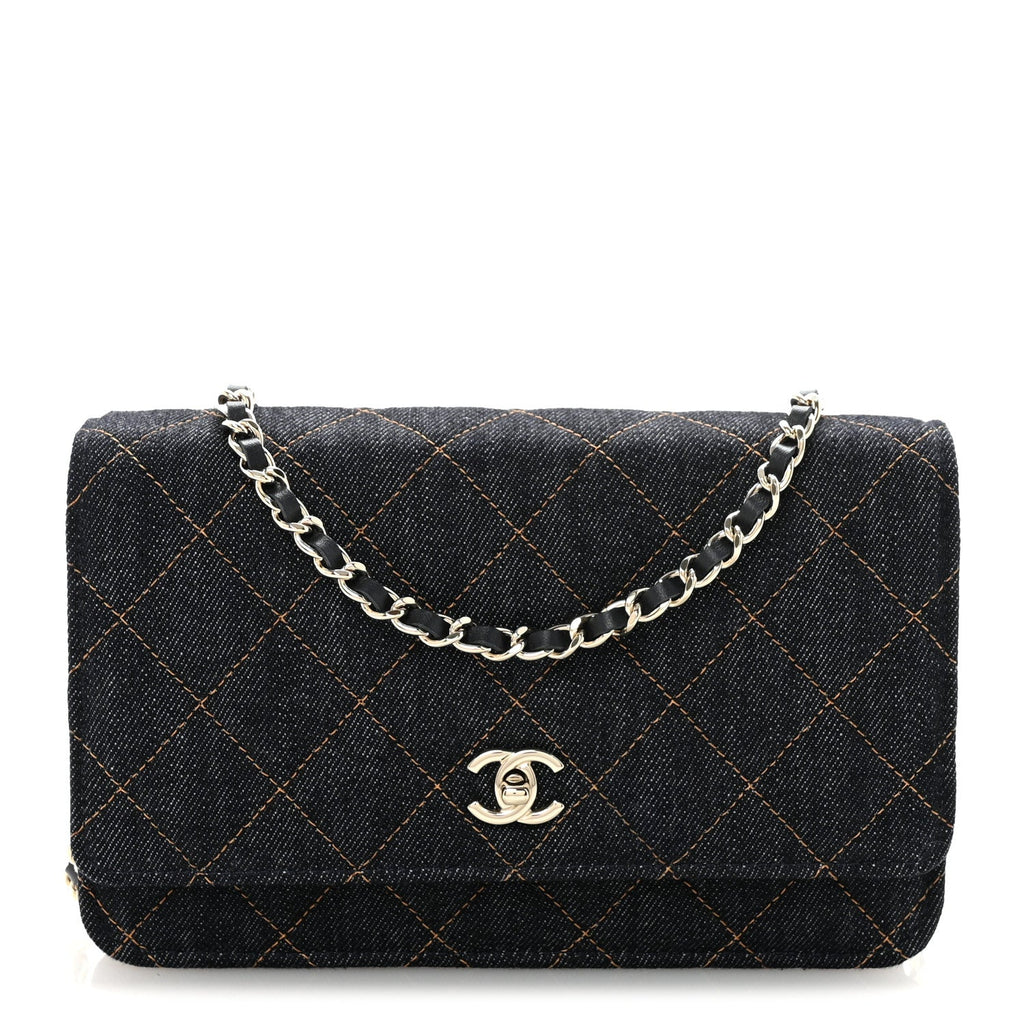 Chanel Denim Quilted CC Turnlock Wallet On Chain WOC Dark Blue Orange