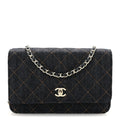 Chanel Denim Quilted CC Turnlock Wallet On Chain WOC Dark Blue Orange