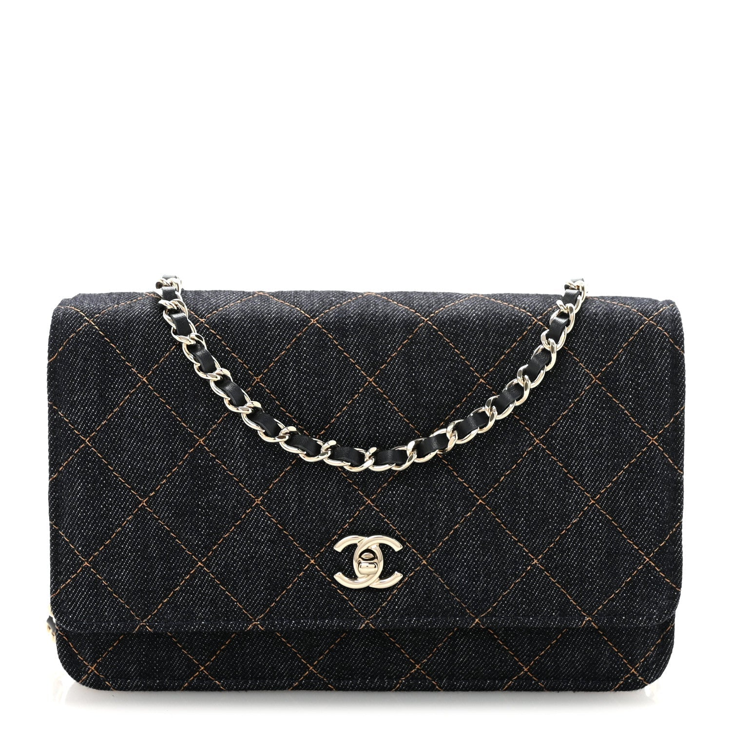 Chanel Denim Quilted CC Turnlock Wallet On Chain WOC Dark Blue Orange