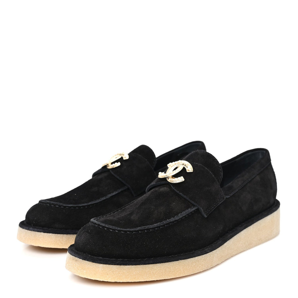 Chanel Suede Calfskin Pearl CC Moccasin Loafers 38.5 Black