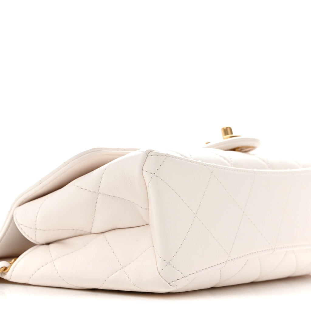 Chanel Shiny Lambskin Pearl Top Handle Flap Shopping Bag White