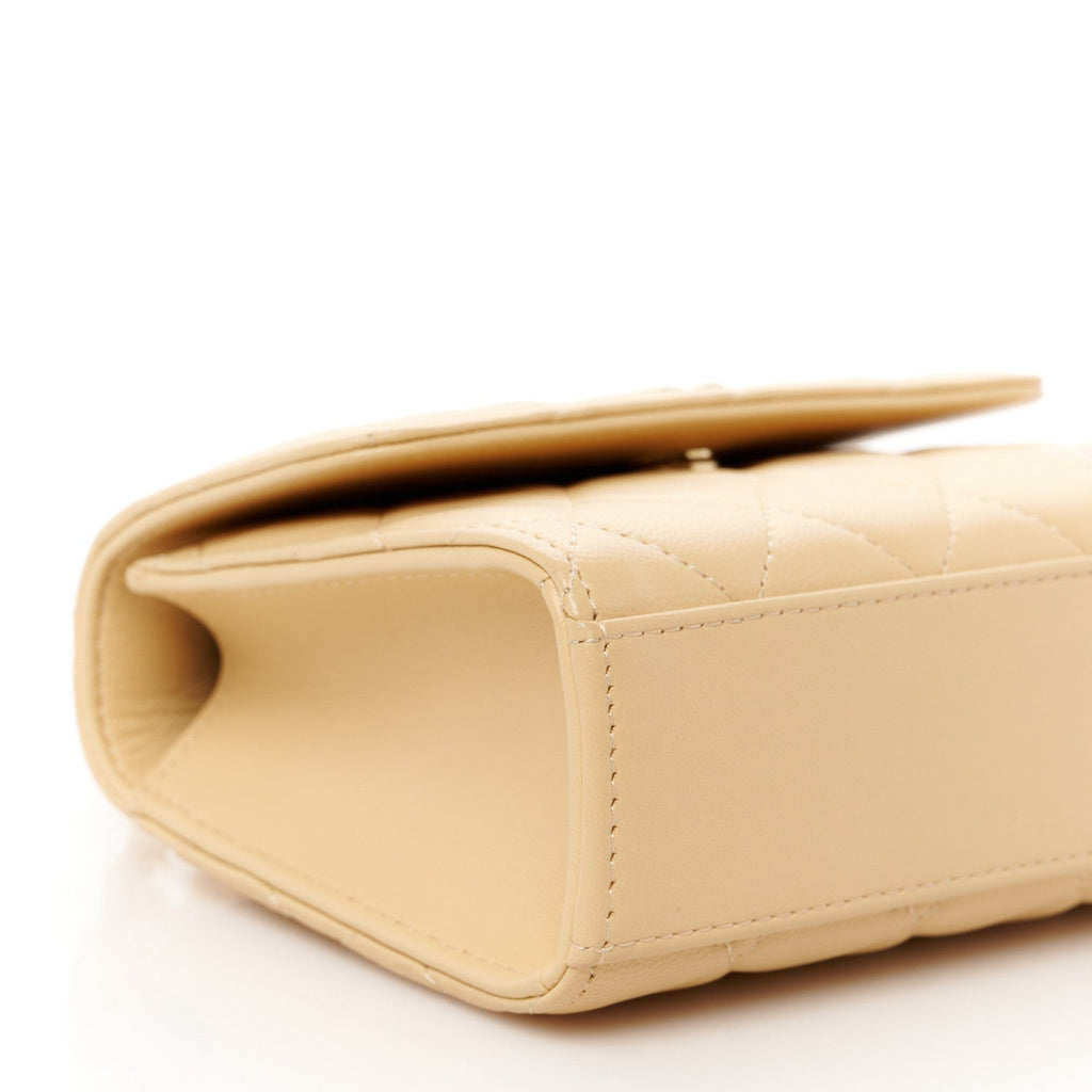 Chanel Lambskin Quilted Pearl Top Handle Flap With Chain Beige