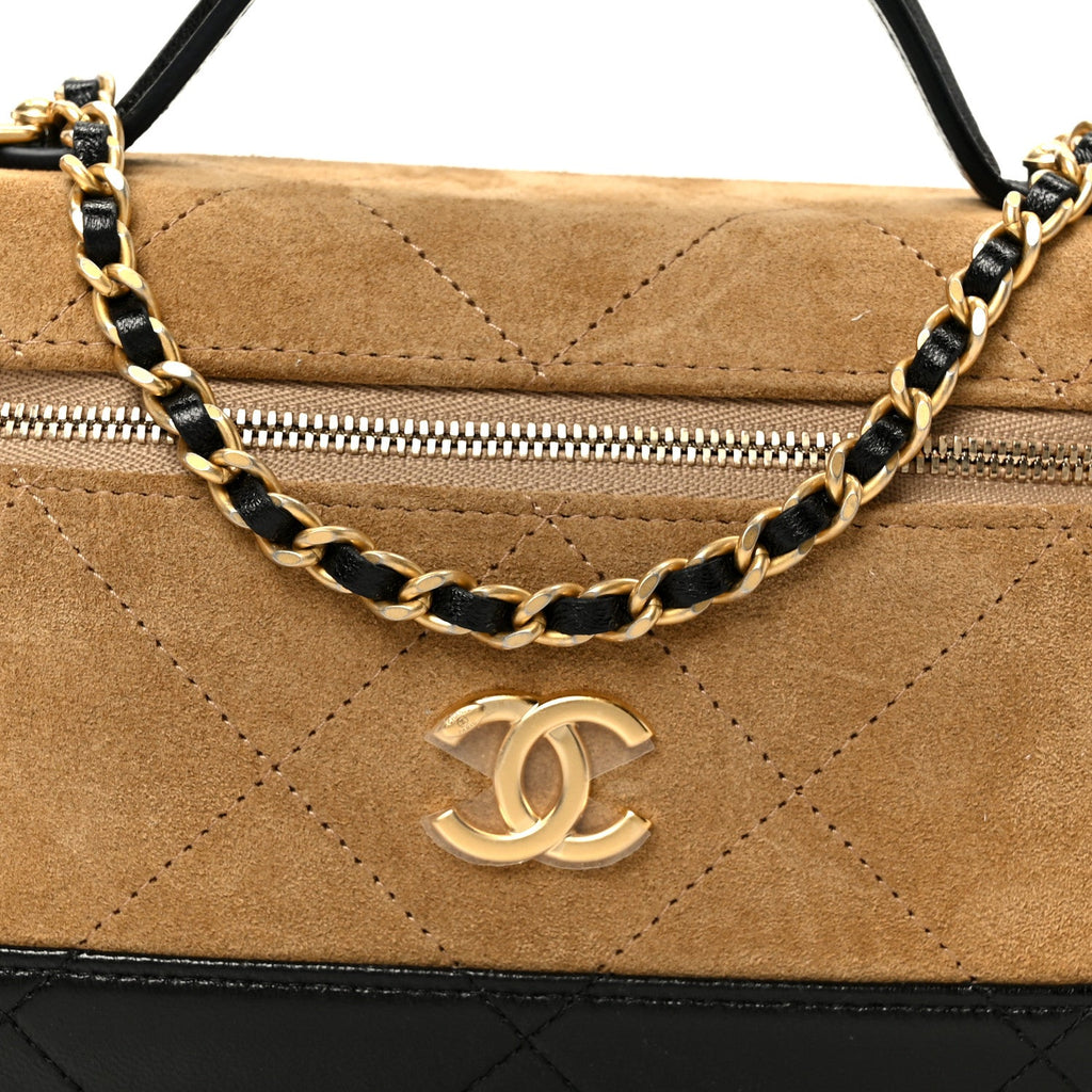 Chanel Suede Calfskin Shiny Lambskin Stitched Top Handle Slim Vanity Case With Chain Beige Black