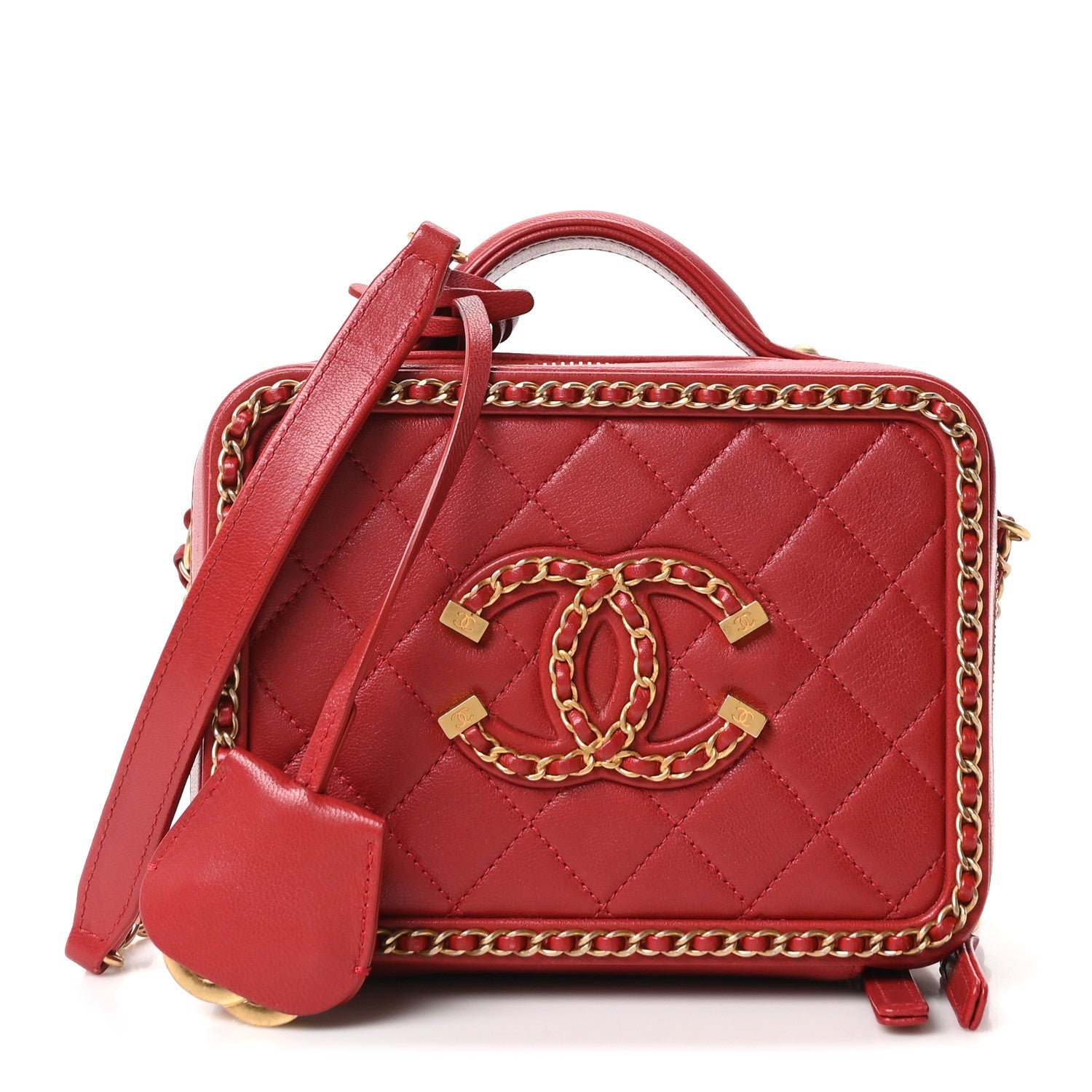 Chanel Goatskin Quilted Small CC Filigree Vanity Case Red