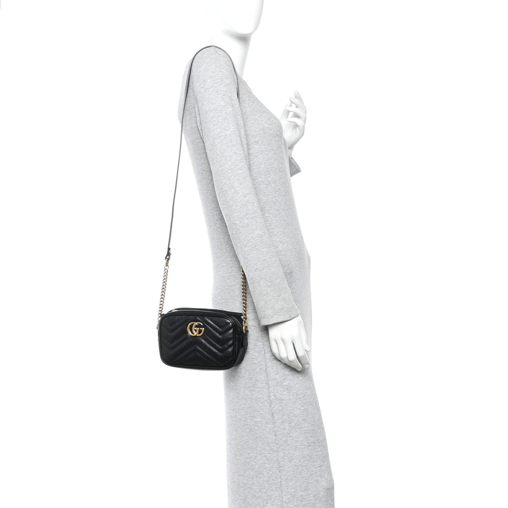 Gucci Calfskin Matelasse Mini GG Marmont Chain Shoulder Bag Black