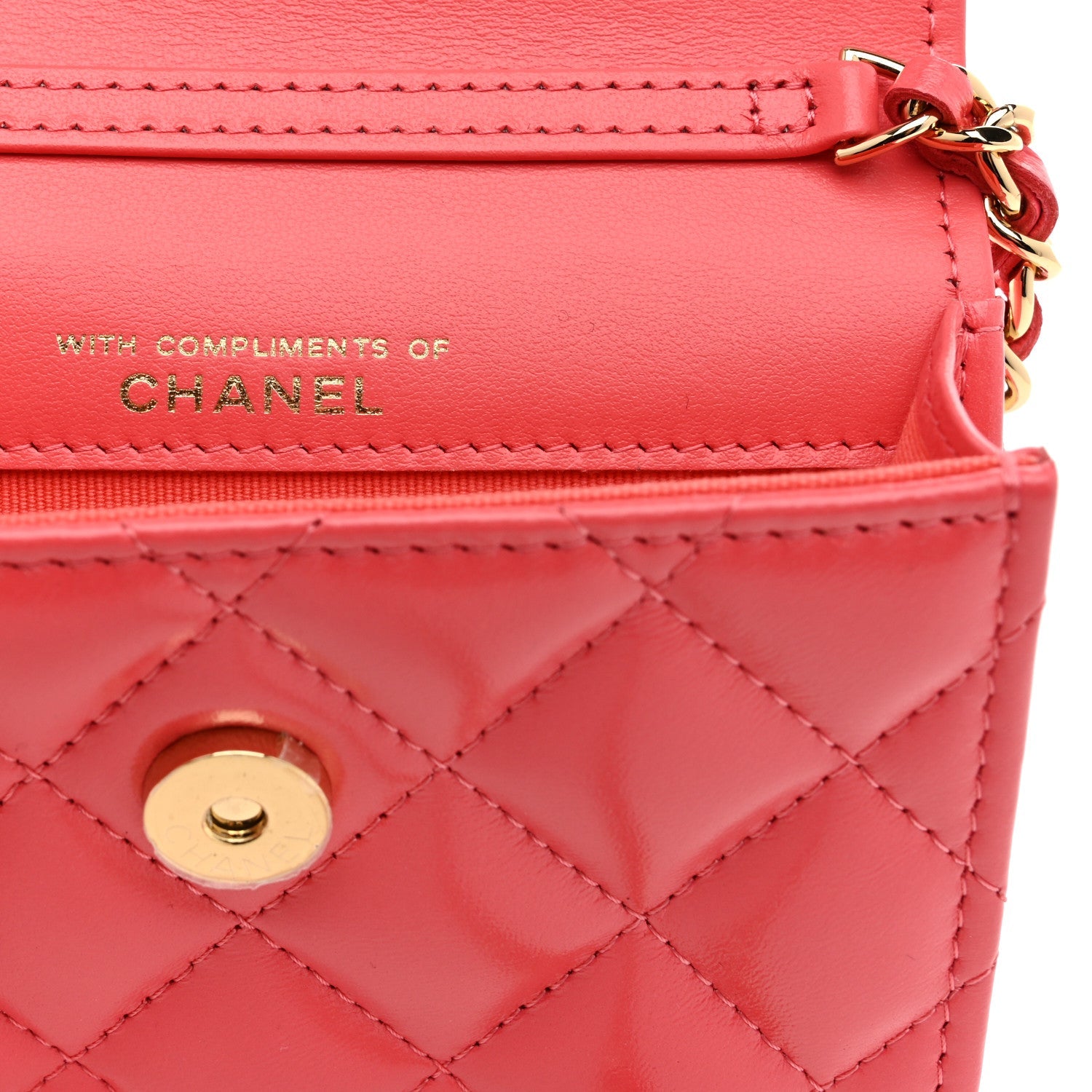 Chanel Shiny Lambskin Quilted Card Holder On Chain Pink