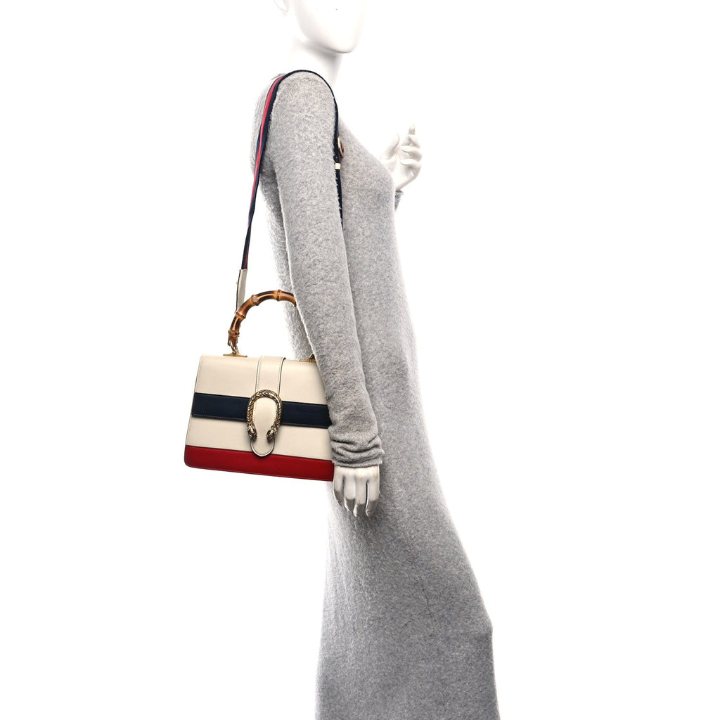 Gucci Calfskin Bamboo Web Medium Dionysus Top Handle Bag White Blue Hibiscus Red