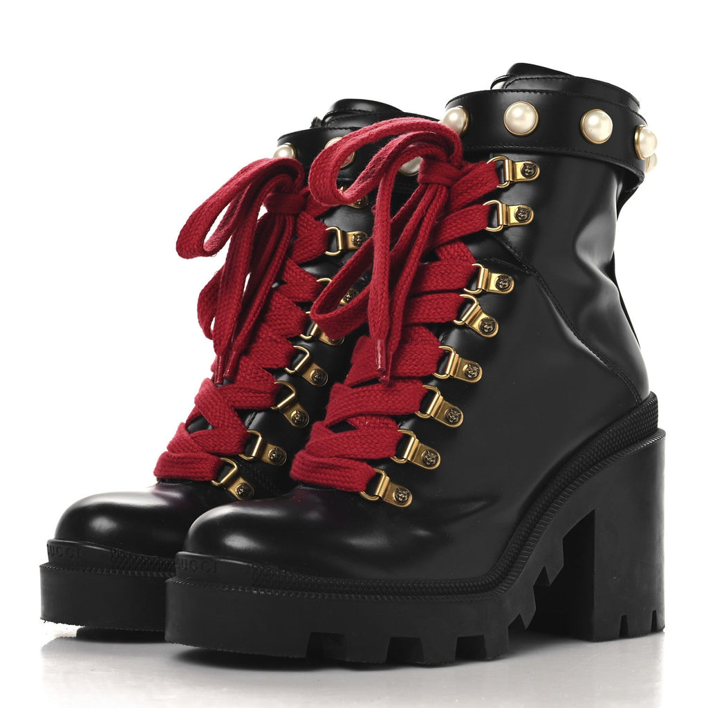 Gucci Magnum Calfskin Pearl Lace Up Combat Ankle Boots 36.5 Black