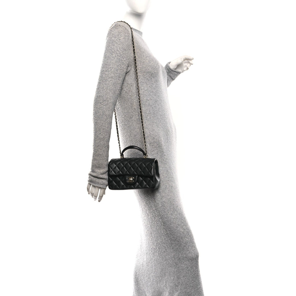 Chanel Lambskin Quilted Mini Top Handle Rectangular Flap Black