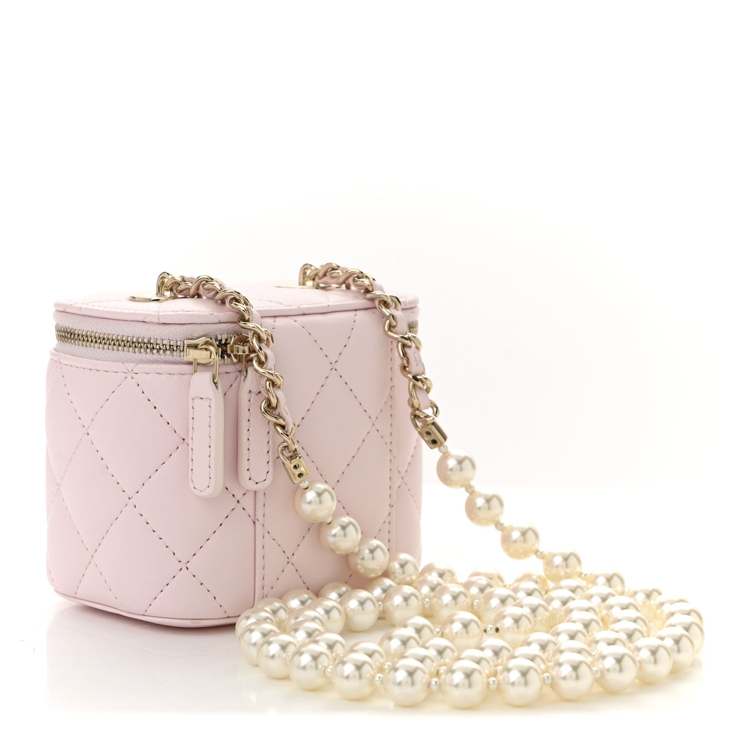 Chanel Lambskin Quilted Mini Vanity Case With Pearl Chain Light Pink