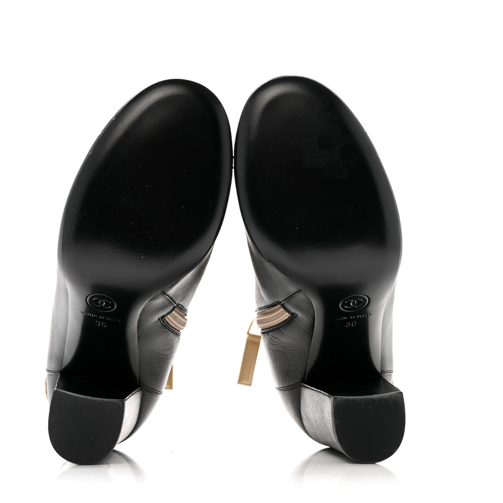Chanel Tumbled Calfskin CC Short Boots 36 Beige Black