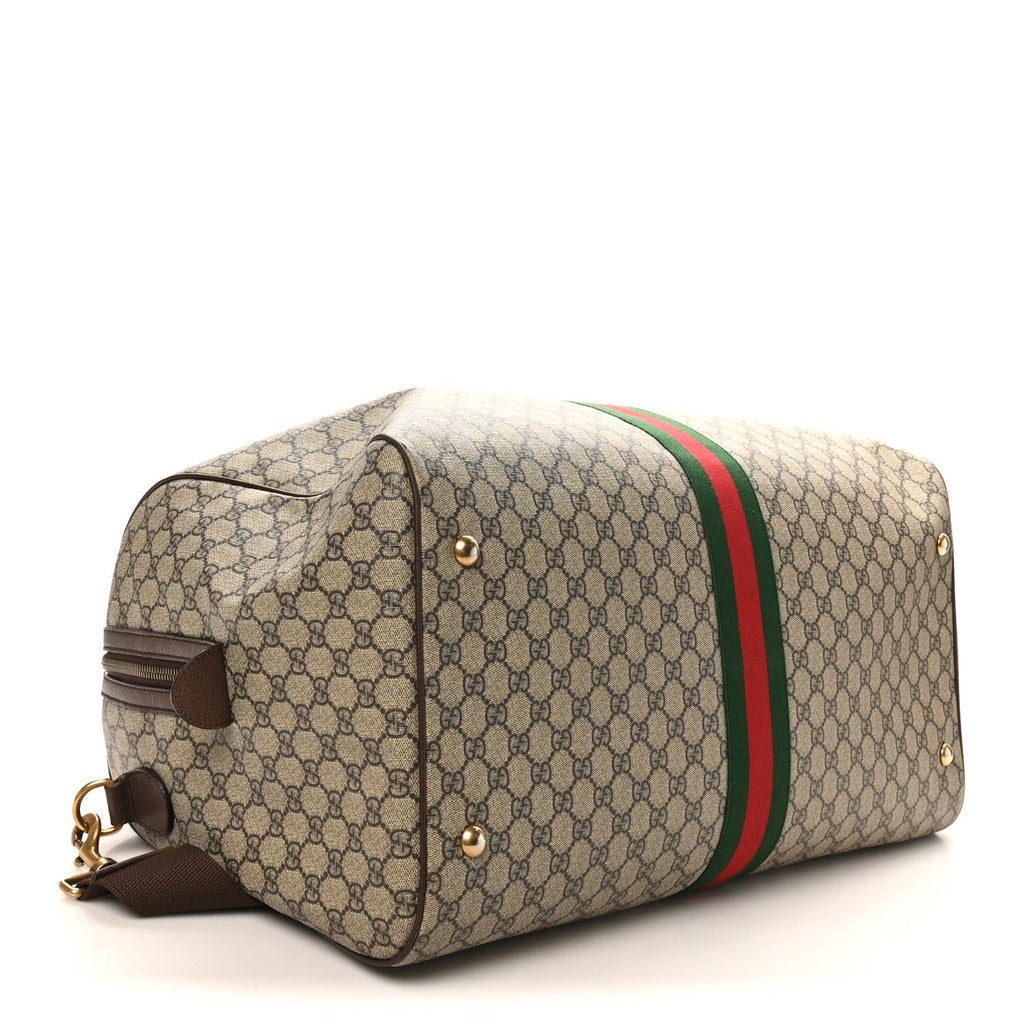 Gucci GG Supreme Monogram Textured Dollar Calfskin Web Medium Ophidia Carry-On Duffle Bag Beige Ebony New Acero