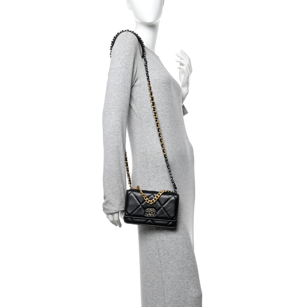 Chanel Lambskin Quilted Chanel 19 Wallet On Chain WOC Black