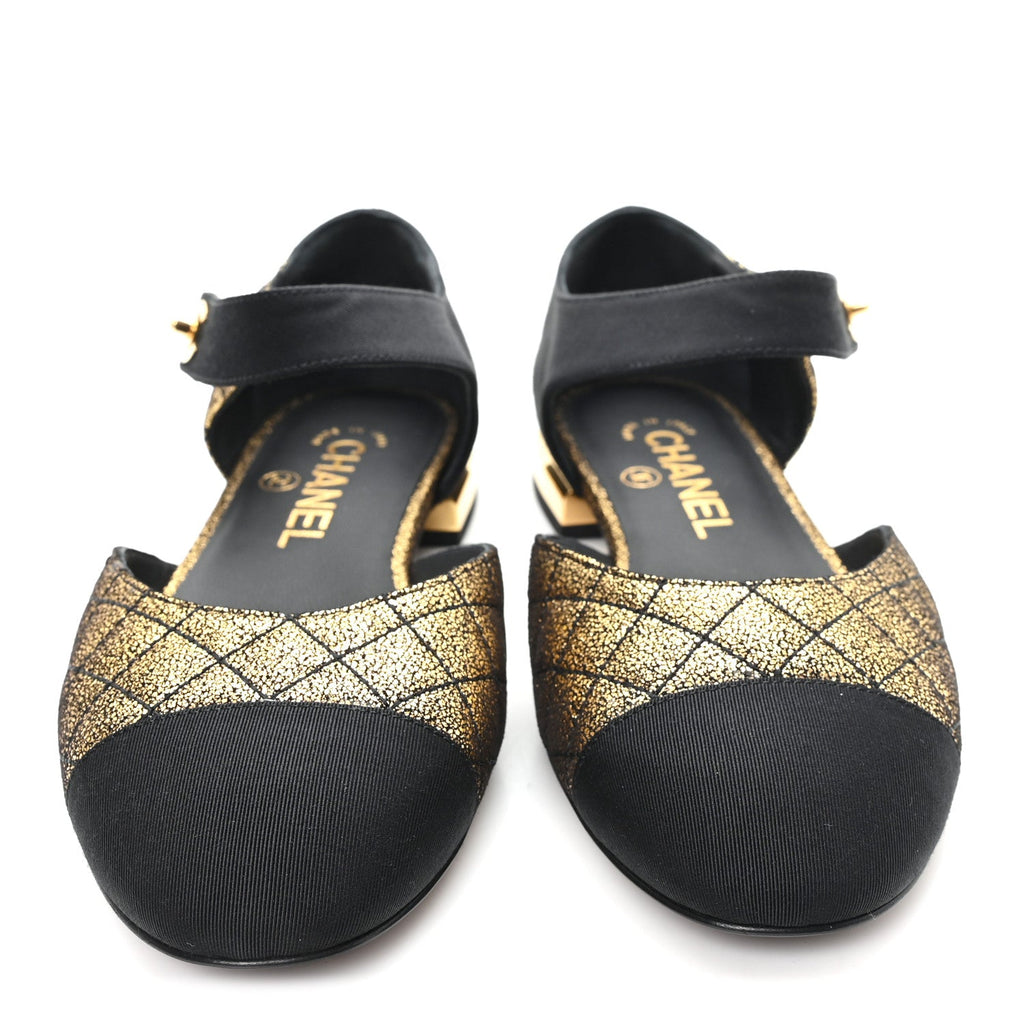 Laminated Suede Kidskin Grosgrain Quilted Cap Toe Ballerina Flats 36.5 Gold Black