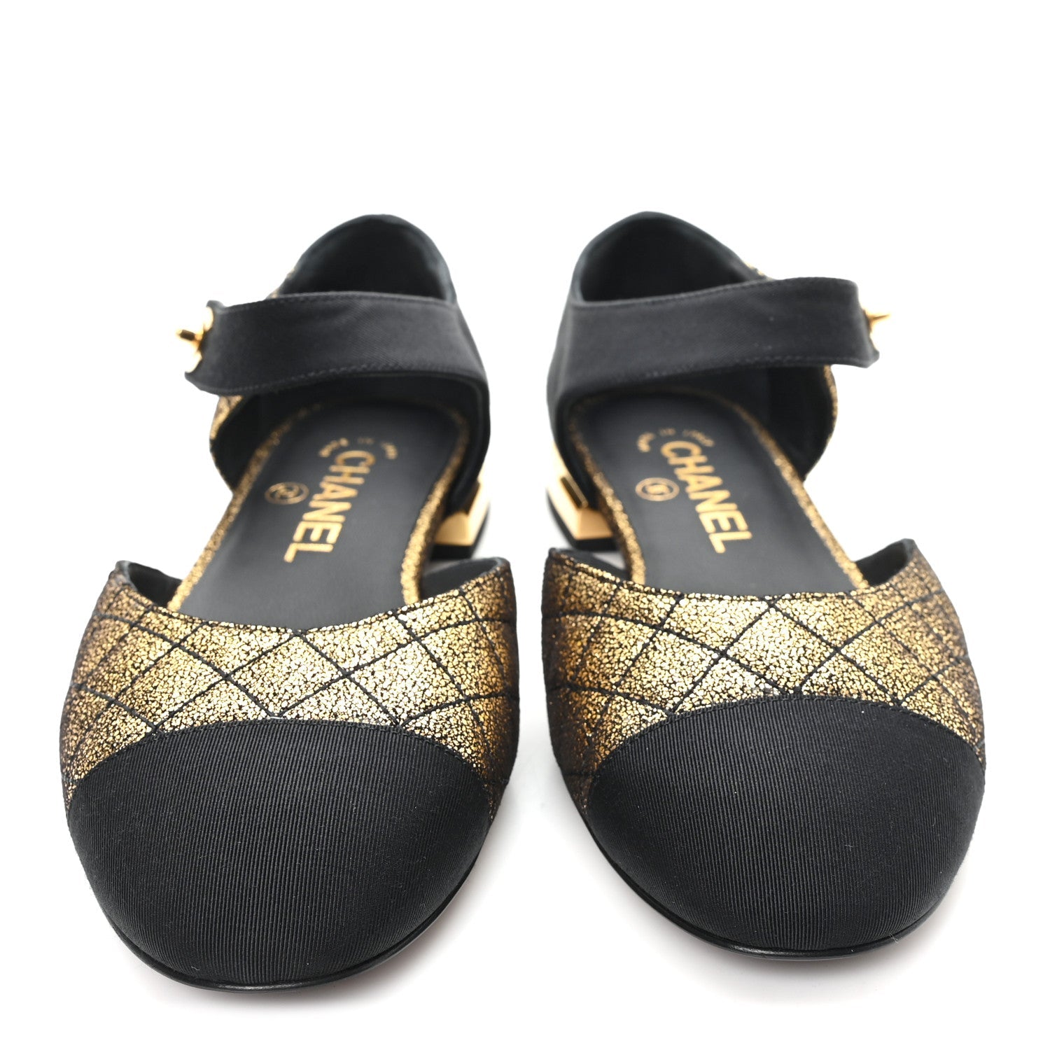 Laminated Suede Kidskin Grosgrain Quilted Cap Toe Ballerina Flats 36.5 Gold Black