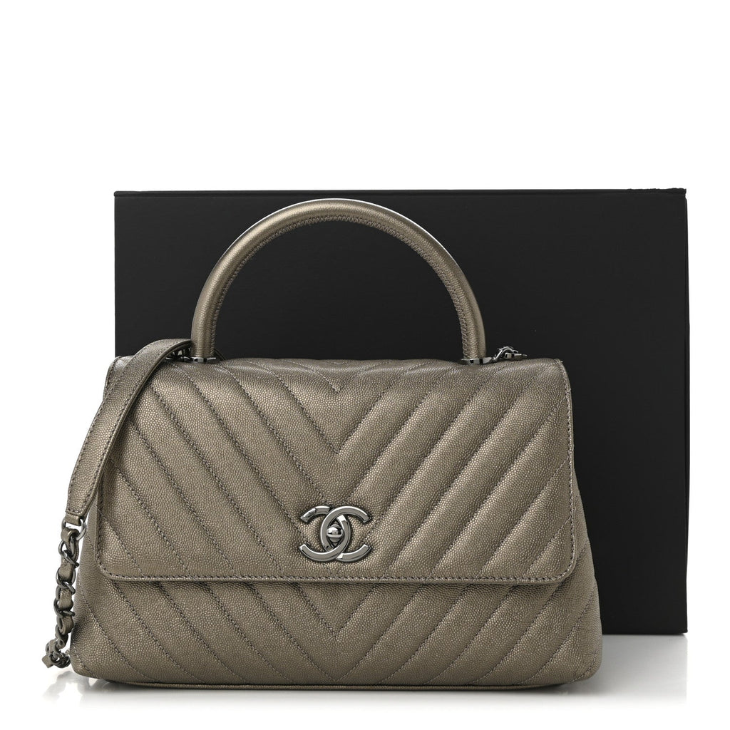 Chanel Metallic Caviar Chevron Quilted Small Coco Handle Flap Light Gold